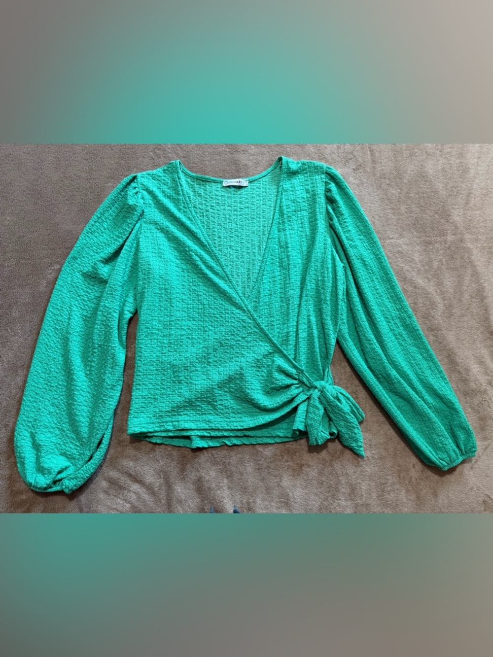 Textured Emerald Green Wrap Blouse with Side Tie